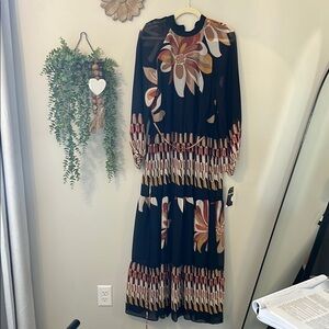 Maison Tara Blue and Orange Pleated Sundress with Bishop Sleeves